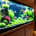 Lang und schmales Aquarium mit bunten Fischen und Pflanzen.