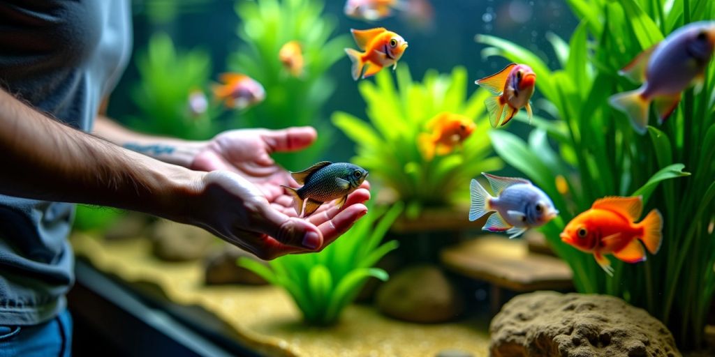 Person füttert bunte tropische Fische im Aquarium
