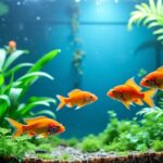 Gesunde Fische in klarem Wasser mit Pflanzen.