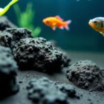 Aquarium mit schwarzen Algen und Fischen